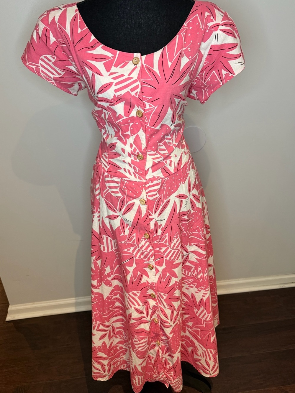 VINTAGE Ms. Chaus Tropical Palm Button-Front Dress Pink White RARE - Size 12